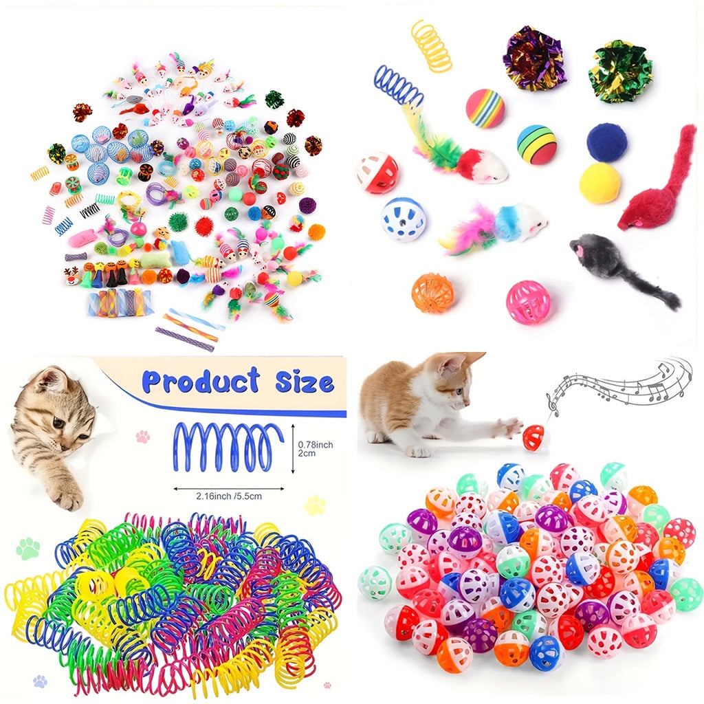 PurrPlay cat toy mega pack featuring colorful springs, balls, mice and plush toys displayed with product size comparison and play demo