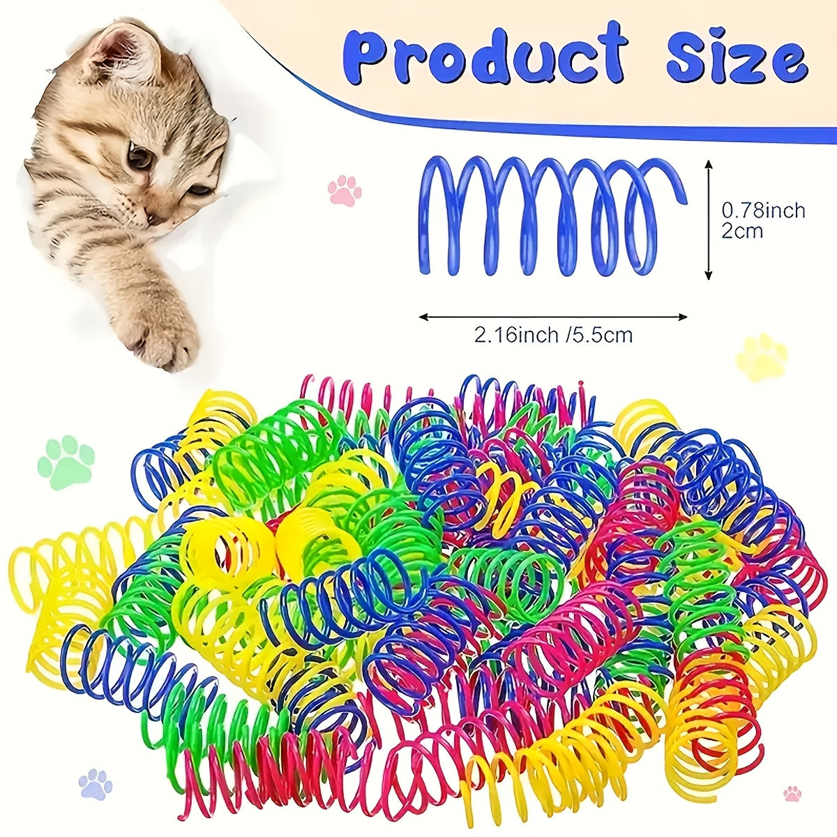 PurrPlay cat toy springs in vibrant blue, yellow, pink and green colors with size measurements and playful cat peeking