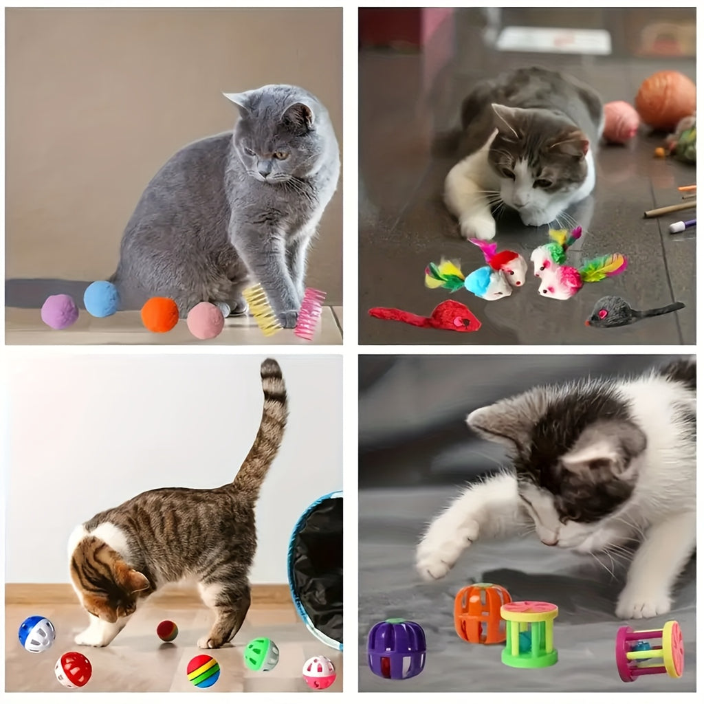 PurrPlay cats enjoying colorful toy collection featuring balls, mice, fish and interactive rolling toys - playful felines demonstrate