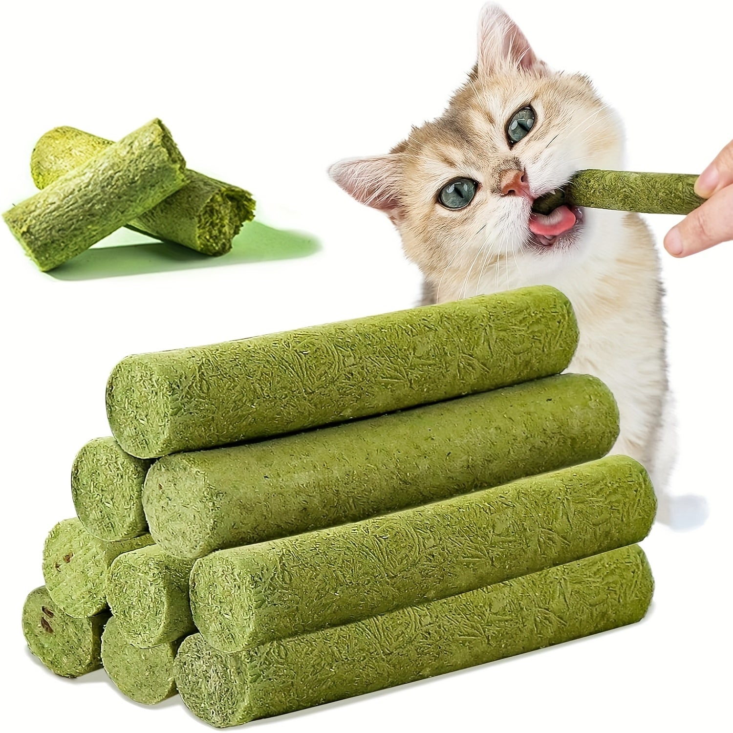 Purrfectly Natural Cat Grass Chew Sticks showing green cylindrical treats with cream cat enjoying a stick - natural dental care for cats