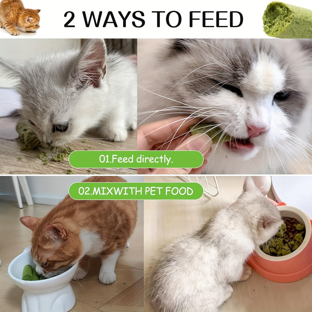 Purrfectly Natural Cat Grass Chew Sticks shown in feeding demonstration with cats eating directly and mixed with food
