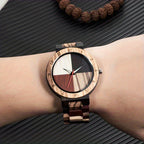 QuadraWood artisan watch featuring quad-tone wooden dial and natural wood band on wrist showcase - modern minimalist design
