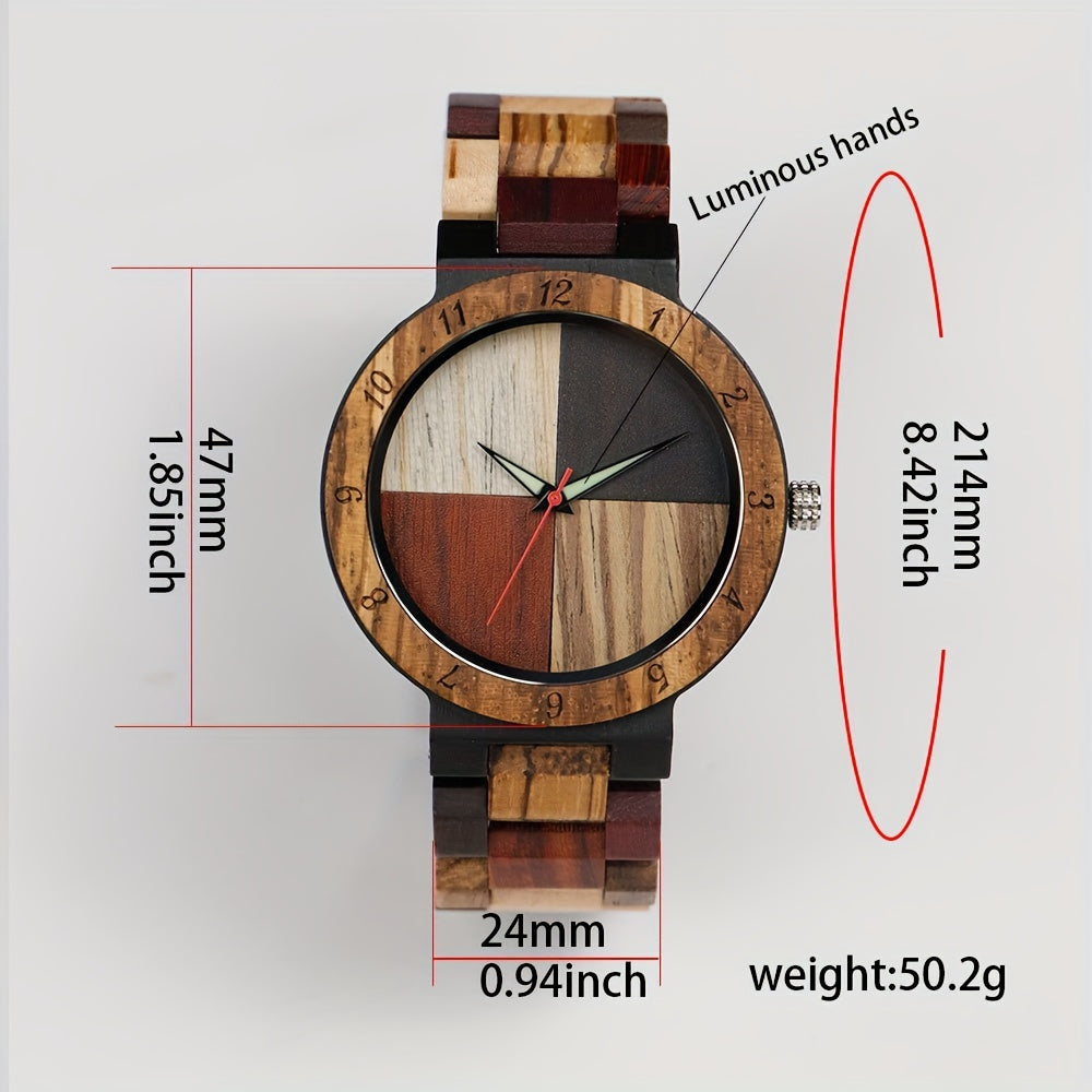 QuadraWood multitone wooden watch with segmented dial face and wooden link band - natural eco-friendly timepiece design