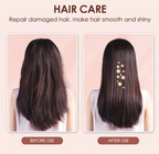 QuickStyle Pro™ before-after comparison showing frizzy hair transformed to sleek straight hair with illuminated styling effects