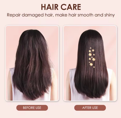 QuickStyle Pro™ before-after comparison showing frizzy hair transformed to sleek straight hair with illuminated styling effects