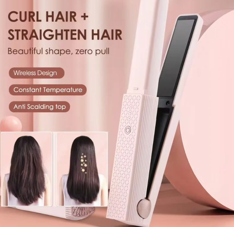QuickStyle Pro wireless hair straightener in pink and black with anti-scalding design - before and after styling results shown