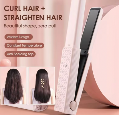 QuickStyle Pro wireless hair straightener in pink and black with anti-scalding design - before and after styling results shown