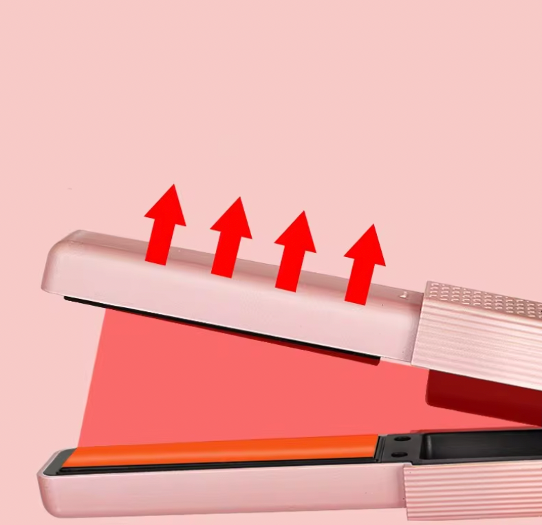 QuickStyle Pro wireless hair straightener with heat vents shown in white and orange, displaying temperature release design