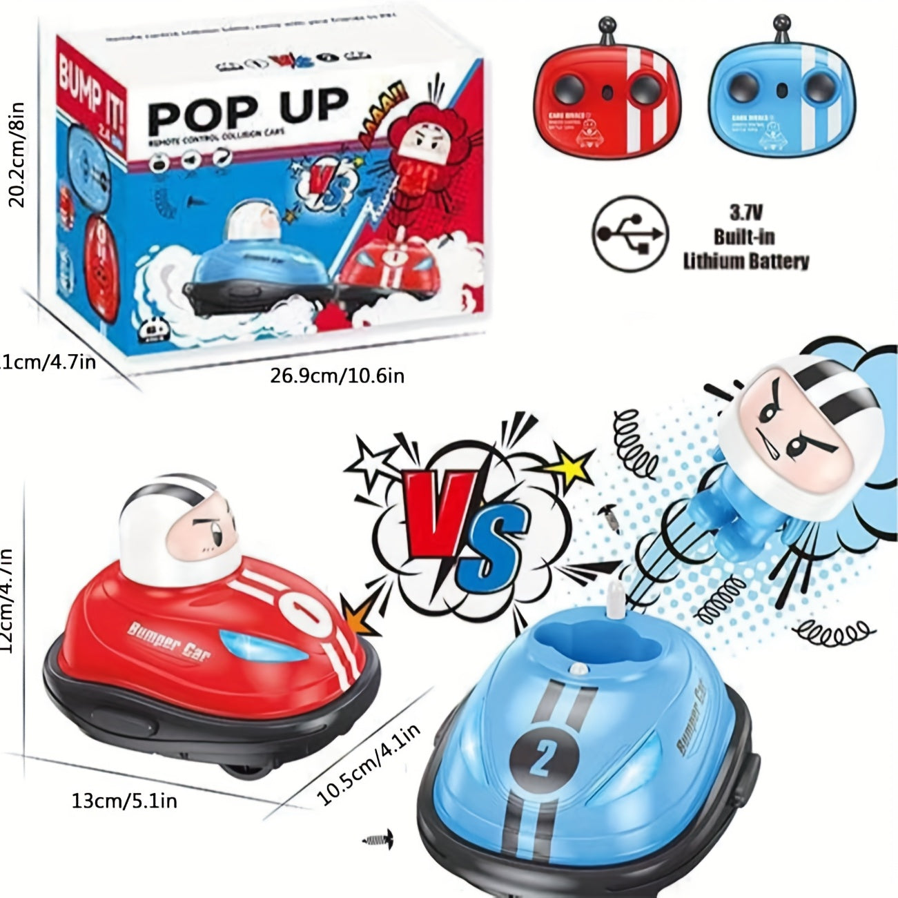 RC Bumper Cars set with red and blue cartoon-styled vehicles, remote controls, and pop-up action features - product package and demo display