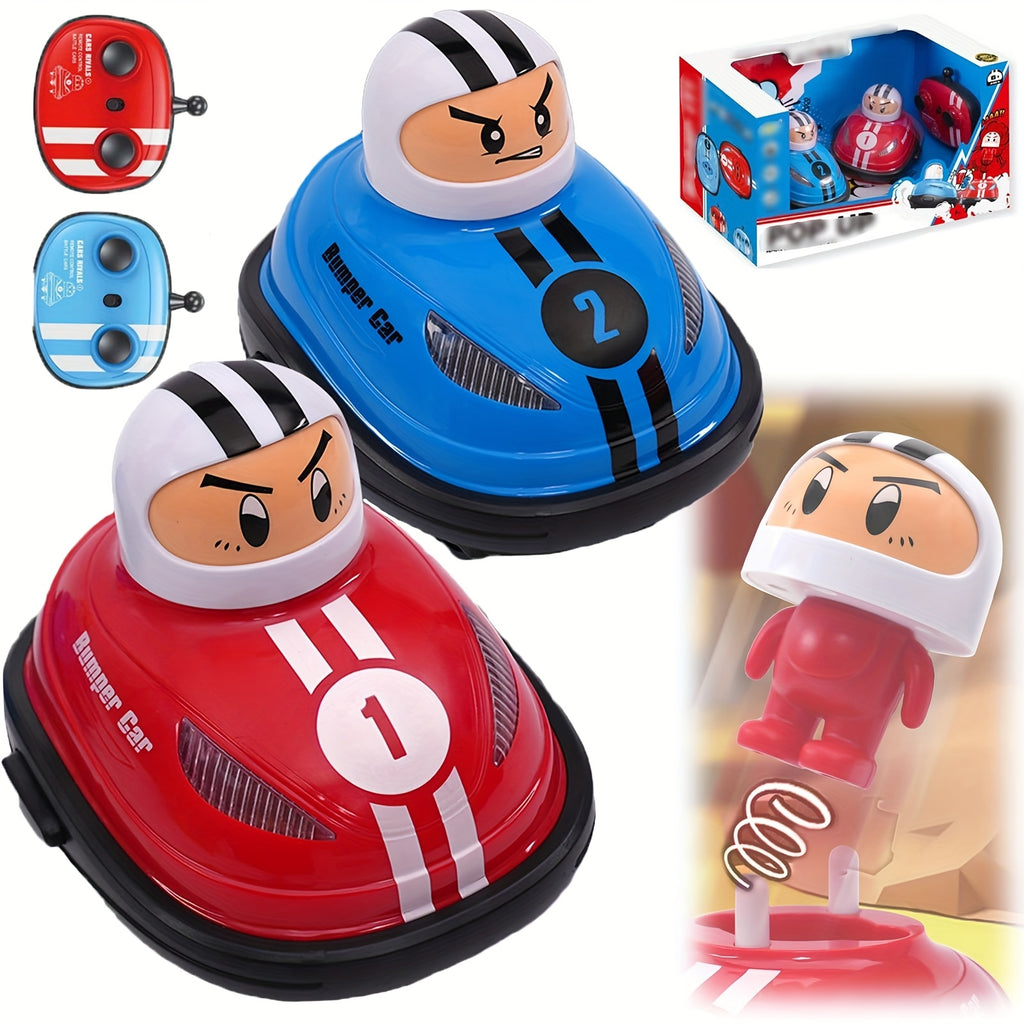 RC Bumper Cars set with red and blue cartoon racers featuring pop-up drivers and wireless controllers - interactive toy battle game