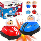 RC Pop Up Bumper Cars set featuring red and blue cartoon-styled cars with remotes and battle action display in retail packaging