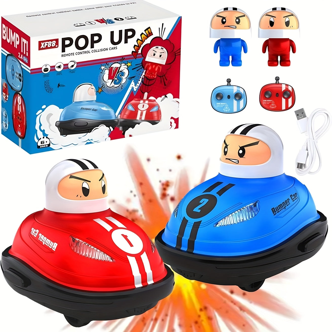 RC Pop Up Bumper Cars set featuring red and blue cartoon-styled cars with remotes and battle action display in retail packaging