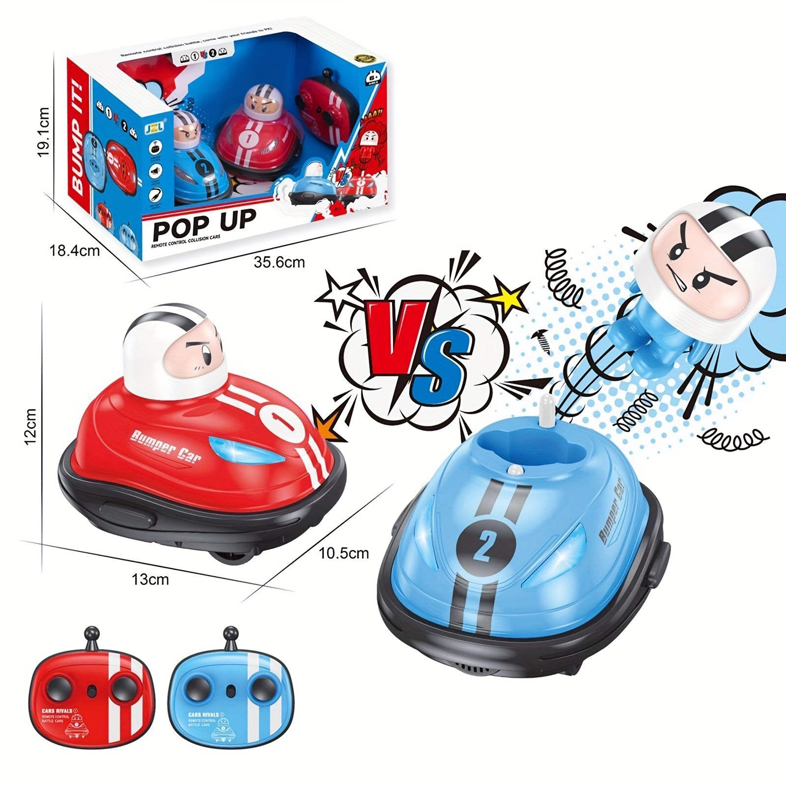 RC Pop Up Bumper Cars set with red and blue cars, remote controls, and product packaging showing battle gameplay dimensions