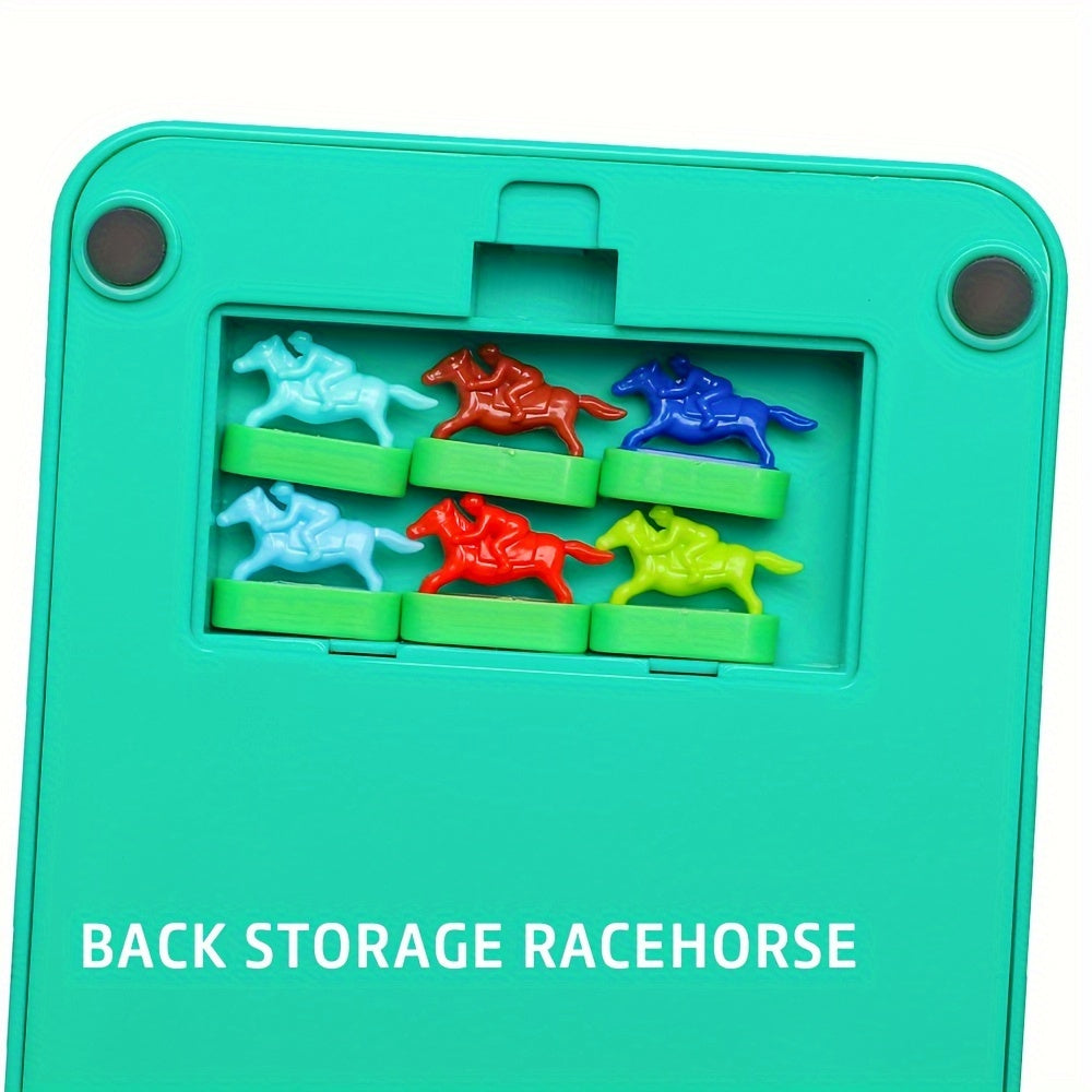 RaceMaster board game storage compartment showing colorful horse game pieces in turquoise case - horse racing tabletop entertainment
