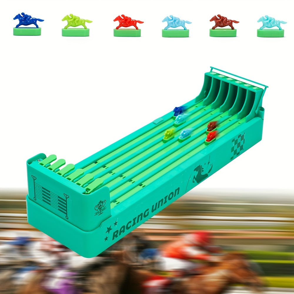 RaceMaster board game with turquoise track and colorful horse racing pieces - competitive family tabletop gameplay setup