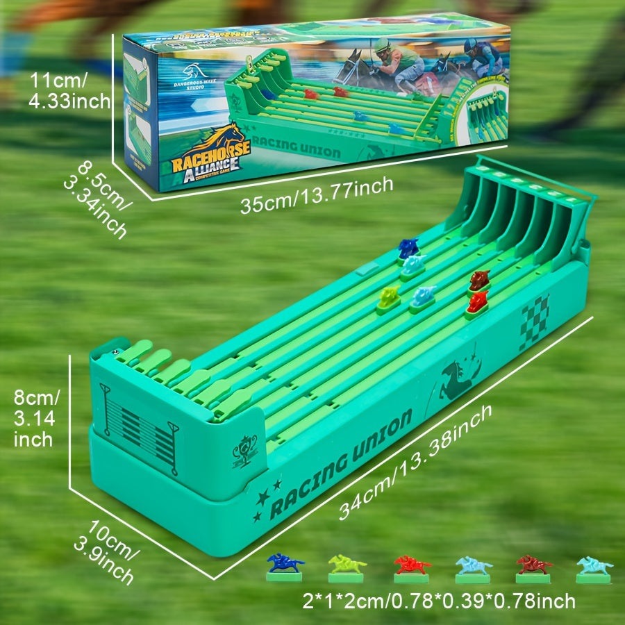 RaceMaster green racing track game with 6 colored horse figurines on curved lanes - competitive tabletop racing setup