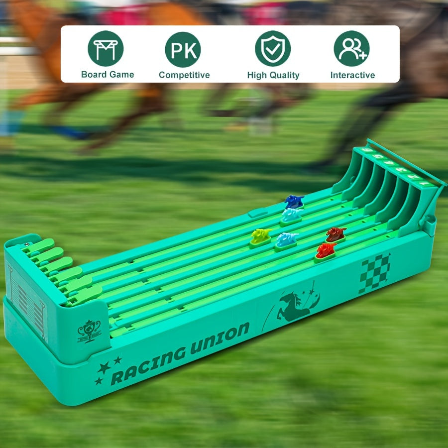 RaceMaster horse racing board game in mint green with colorful racing horses on parallel tracks - competitive tabletop racing