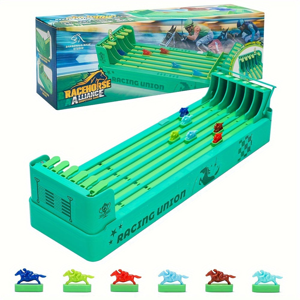 RaceMaster horse racing board game with green track and 6 colorful horse pieces - competitive family tabletop racing game