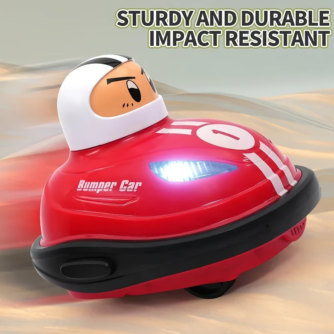 Red RC Bumper Car with cartoon driver, LED lights, impact-resistant design - durable remote control toy for crash battles