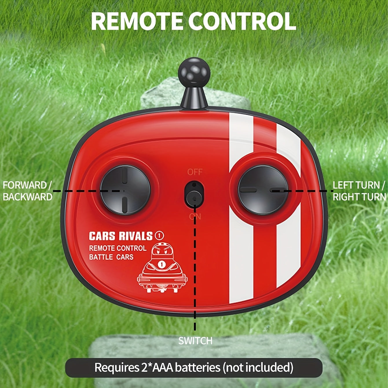 Red remote control unit for RC Bumper Cars with directional buttons and racing stripe design on grass background