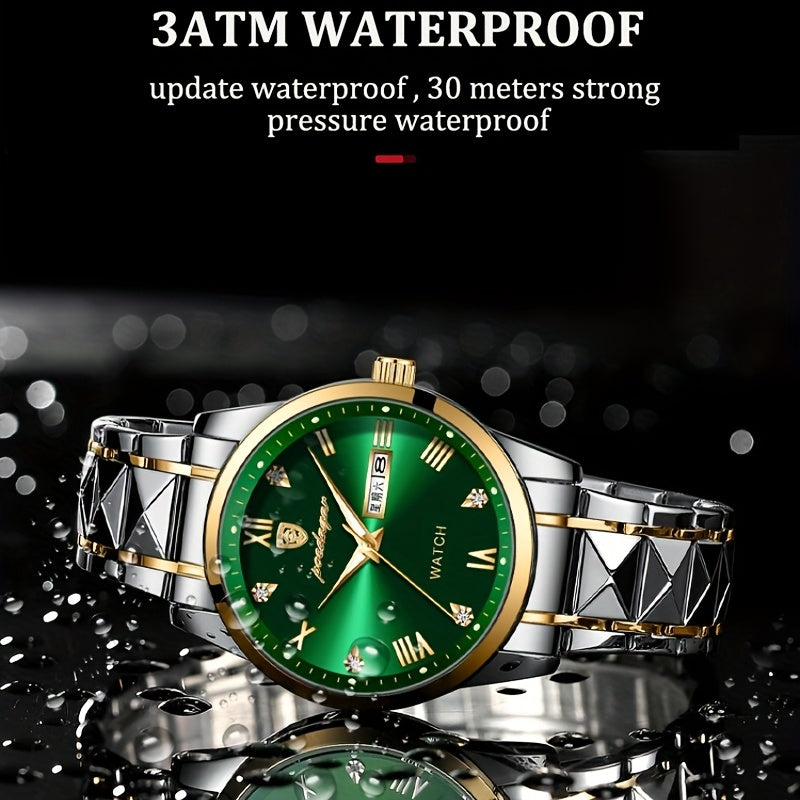 RegalTime Luxury Watch with silver-gold band and emerald green dial, featuring luminous markers and water-resistant design