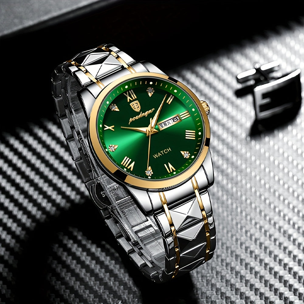 RegalTime luxury quartz watch with two-tone silver and gold band, emerald green dial, and Roman numerals on black surface