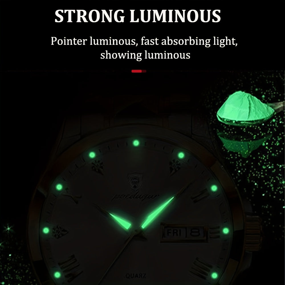 RegalTime luxury watch face with bright green luminous hands and markers glowing in darkness - elegant timepiece display