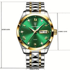 RegalTime luxury watch with emerald green dial, two-tone silver and gold bracelet, luminous markers and day-date display