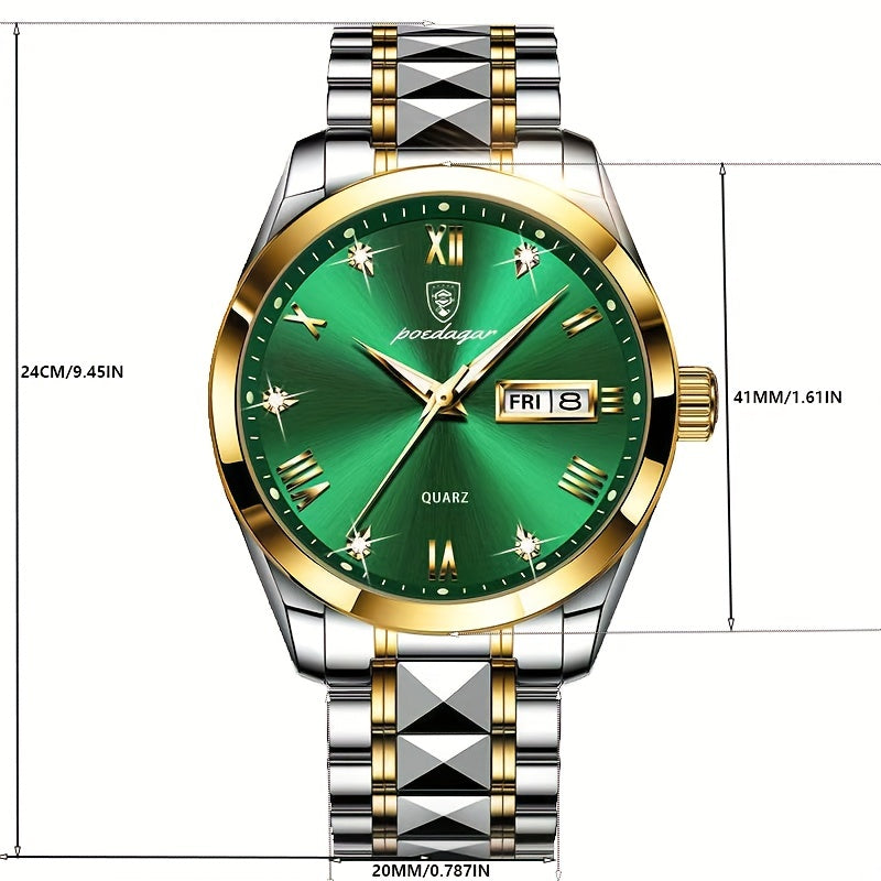 RegalTime luxury watch with emerald green dial, two-tone silver and gold bracelet, luminous markers and day-date display
