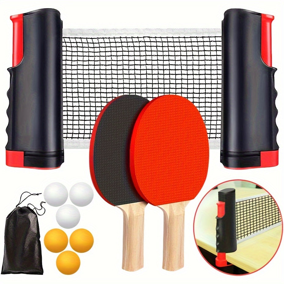 Retractable net, paddles, balls, and bag shown fully unpacked for table setup