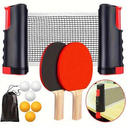 Retractable net, paddles, balls, and bag shown fully unpacked for table setup