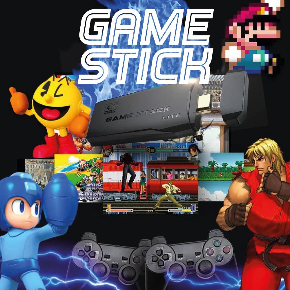 Retro Game Stick HDMI device with classic gaming characters and controller displayed on blue smoky background featuring retro games collage