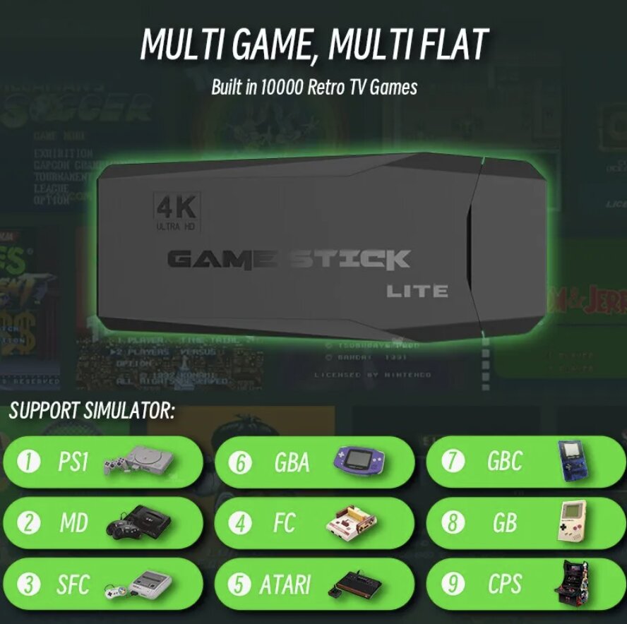 Retro Game Stick Lite console in black with green LED glow - 4K gaming device with multi-console support system display