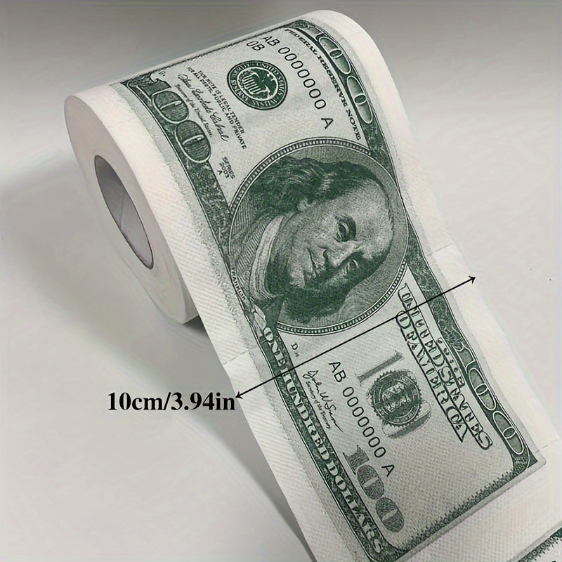 RichRoll dollar bill printed toilet paper roll showing $100 design on white tissue, displayed at angle with size measurement