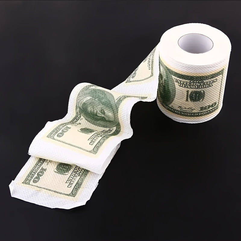 RichRoll novelty toilet paper featuring $100 bill print design unrolling on black background, showing embossed money pattern