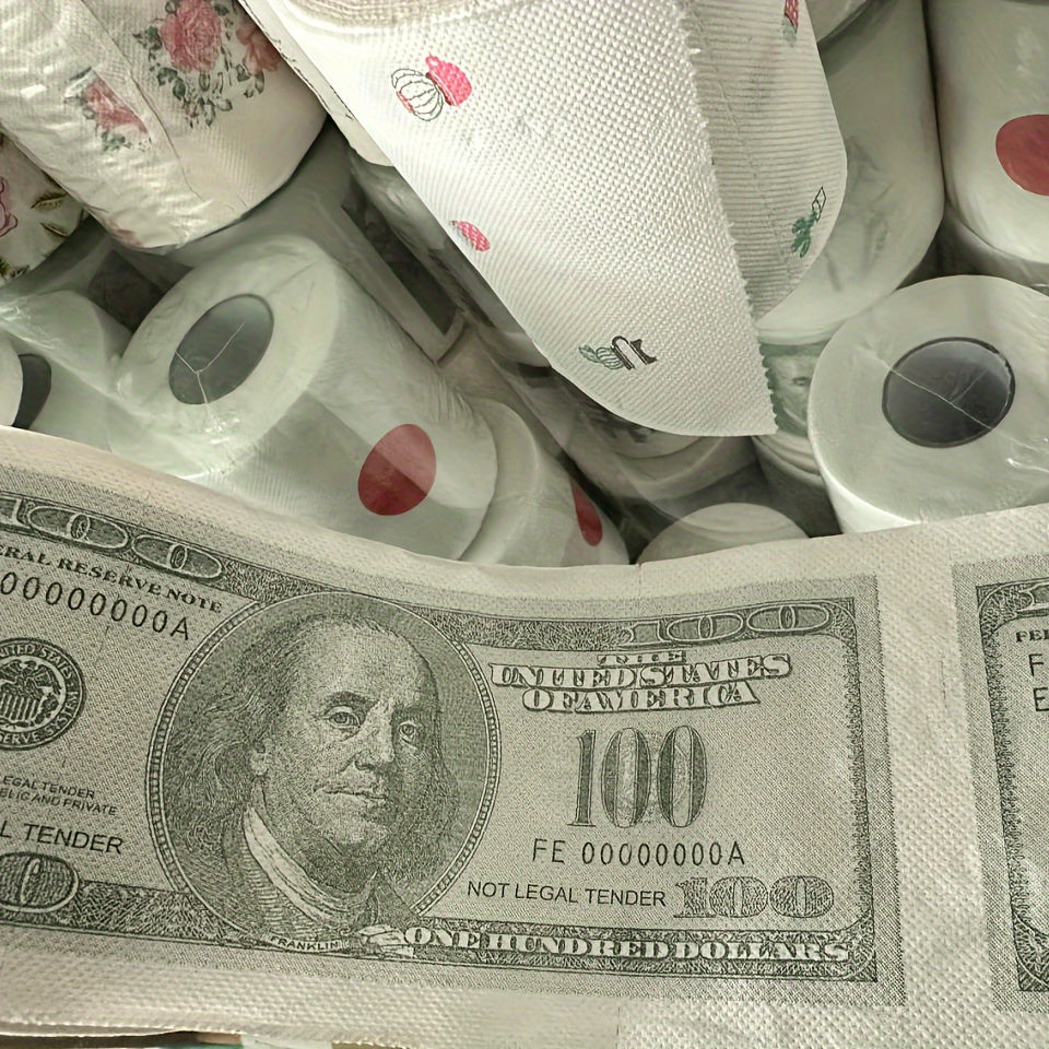 RichRoll novelty toilet paper rolls with $100 bill print design, stacked together showing embossed dollar pattern