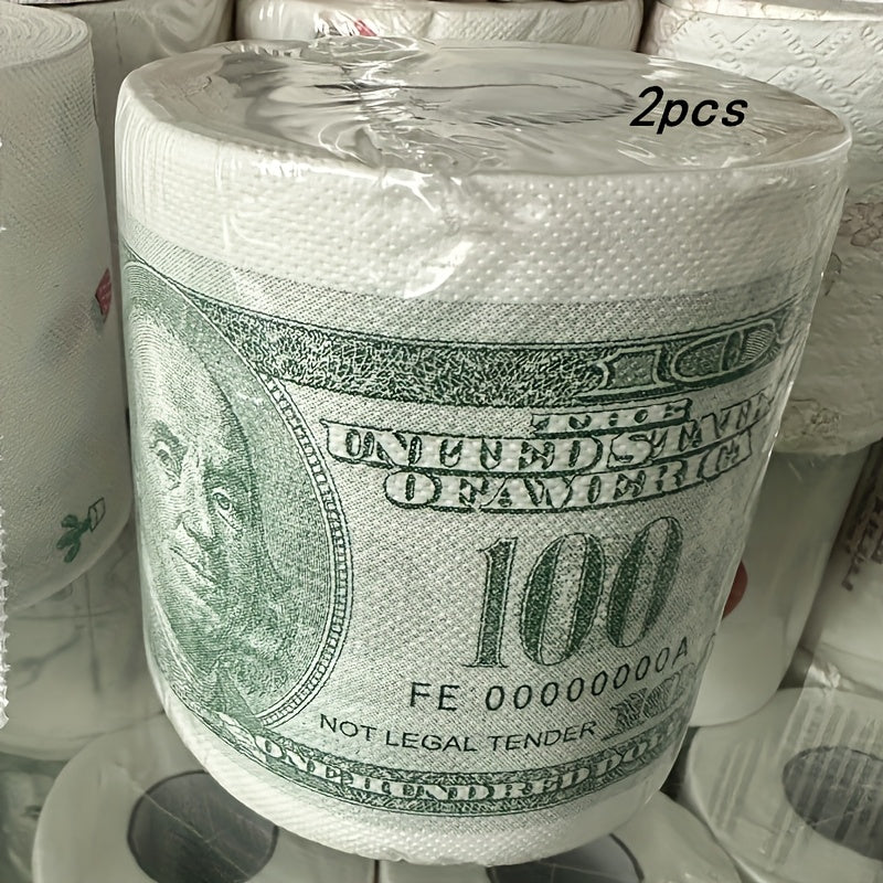 RichRoll novelty toilet paper with 100 dollar bill print design, 2-pack rolls wrapped in clear plastic packaging