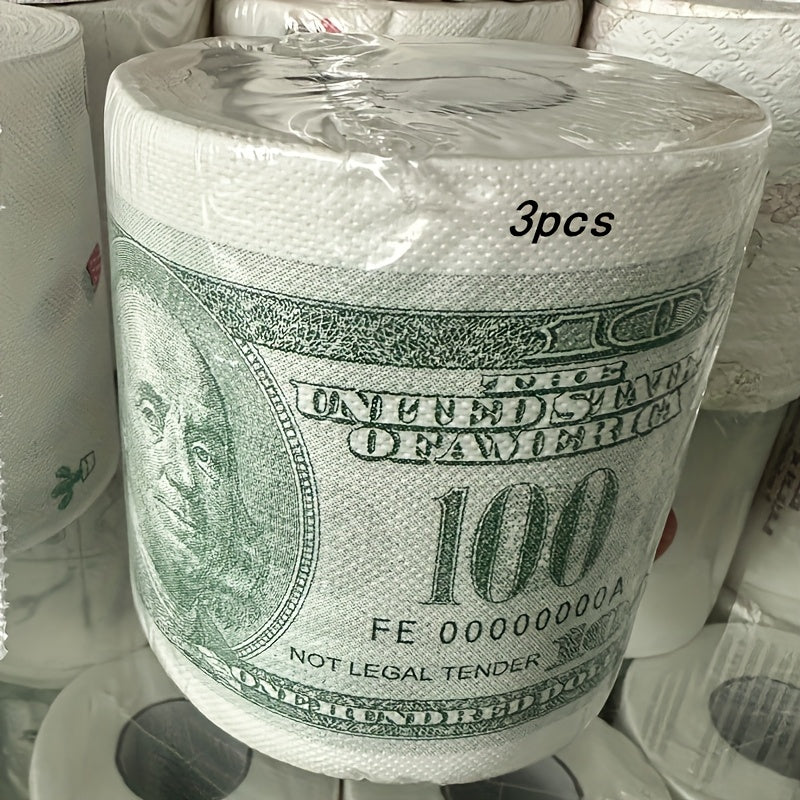 RichRoll novelty toilet paper with 100 dollar bill print design, wrapped in plastic, displayed with multiple rolls