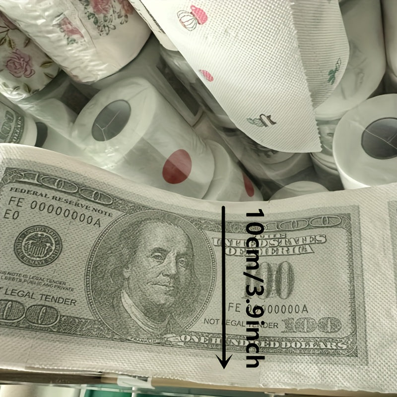 RichRoll toilet paper with $100 bill print design shown next to regular white rolls - novelty bathroom tissue