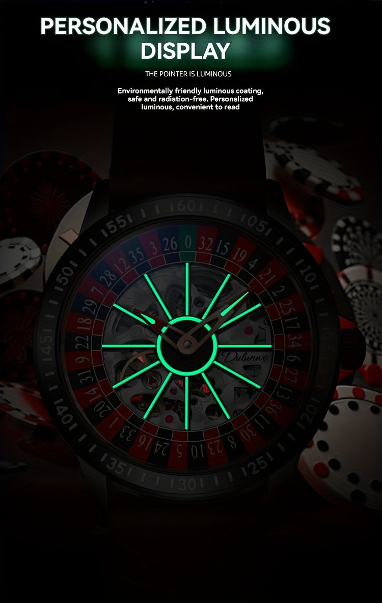 RouletteX Watch luminous display showcasing glowing green roulette-style dial with numbered markers in dark setting
