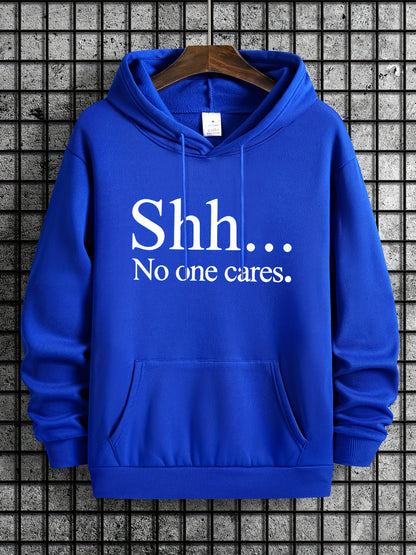 Royal blue Shh No One Cares hoodie with white text print and kangaroo pocket displayed on wooden hanger