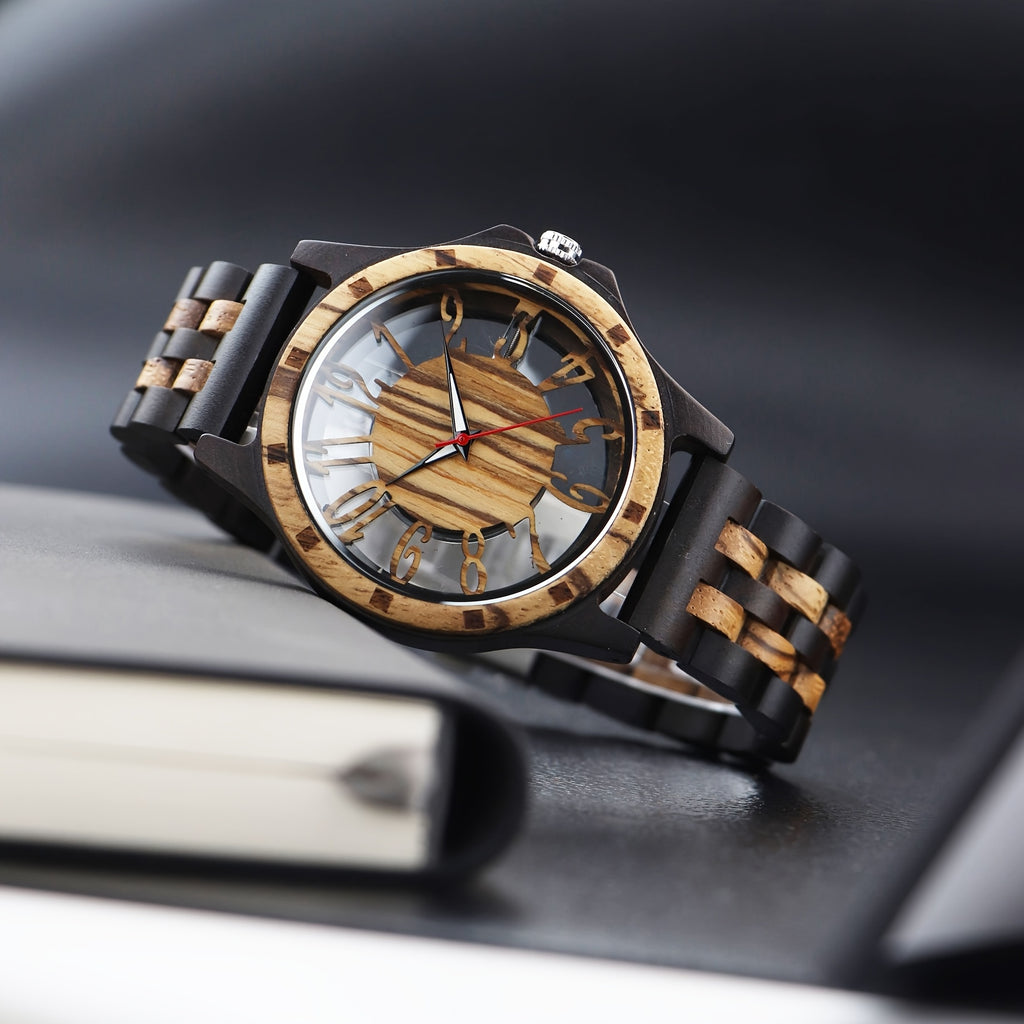 RusticEdge Handcrafted Wooden Timepiece with hollow dial, dark wood and gold accents on leather surface - luxury wood watch design