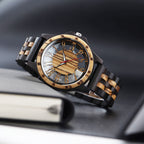 RusticEdge Handcrafted Wooden Timepiece with hollow dial, dark wood and gold accents on leather surface - luxury wood watch design