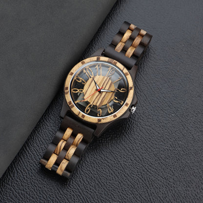 RusticEdge wooden timepiece with black and natural wood band, hollow carved dial on dark leather surface
