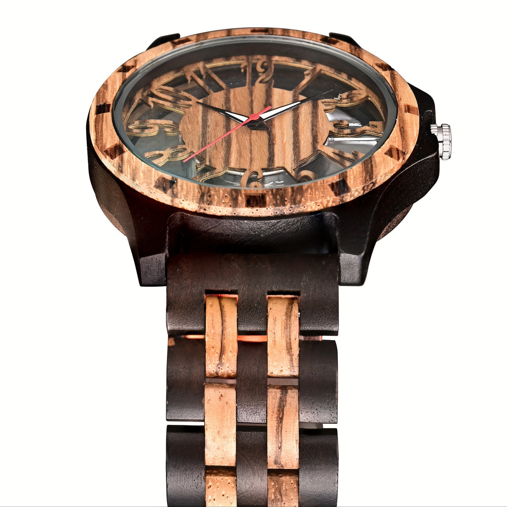 RusticEdge wooden watch with hollow dial design, two-tone wood band and black metal case displaying artistic craftsmanship