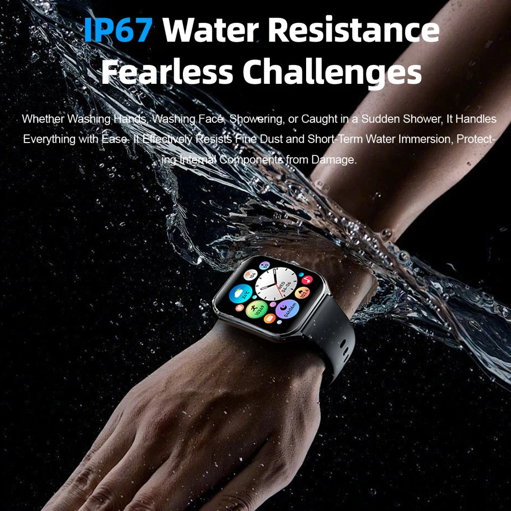 CoreOne Smart Watch in black on wrist under running water showcasing IP67 water resistance by HighPeak