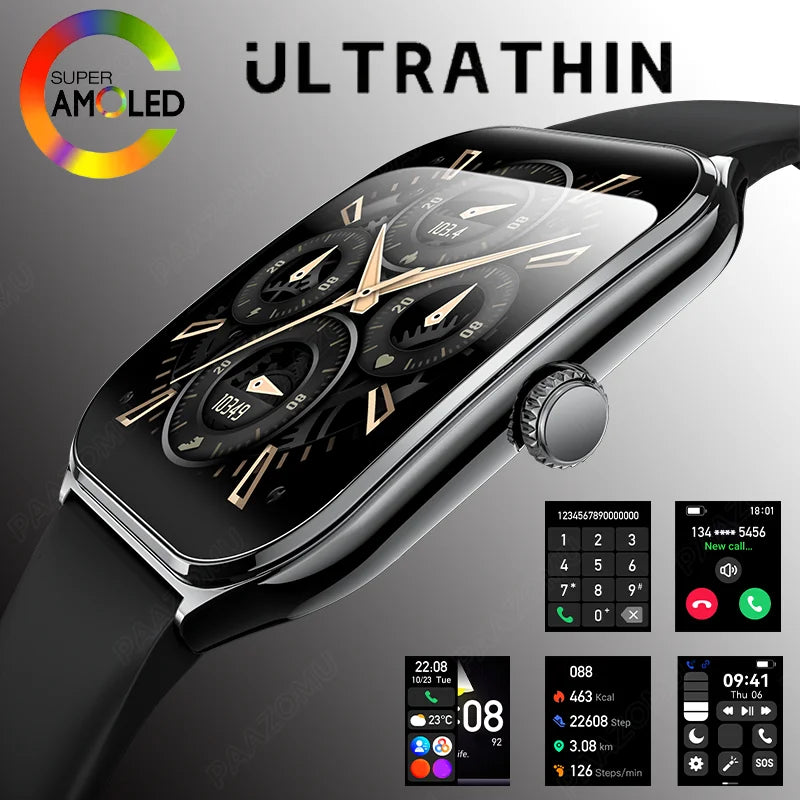 CoreOne Smart Watch in black with ultrathin design, 1.96" AMOLED display showing calls, fitness, and health tracking by HighPeak