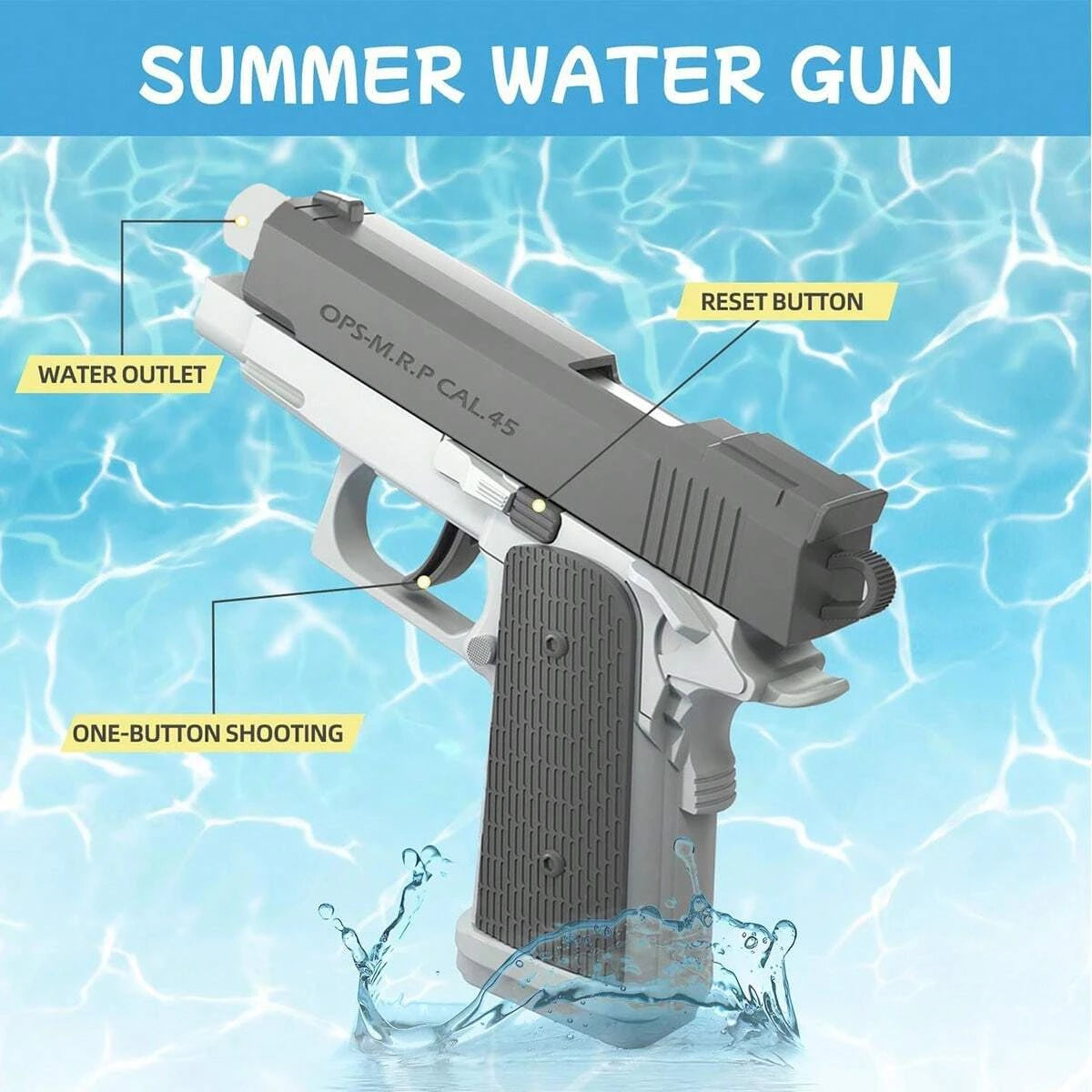 Dual Water Pistols Set by HighPeak showing gray and white water gun with one-button shooting and reset button features over water background
