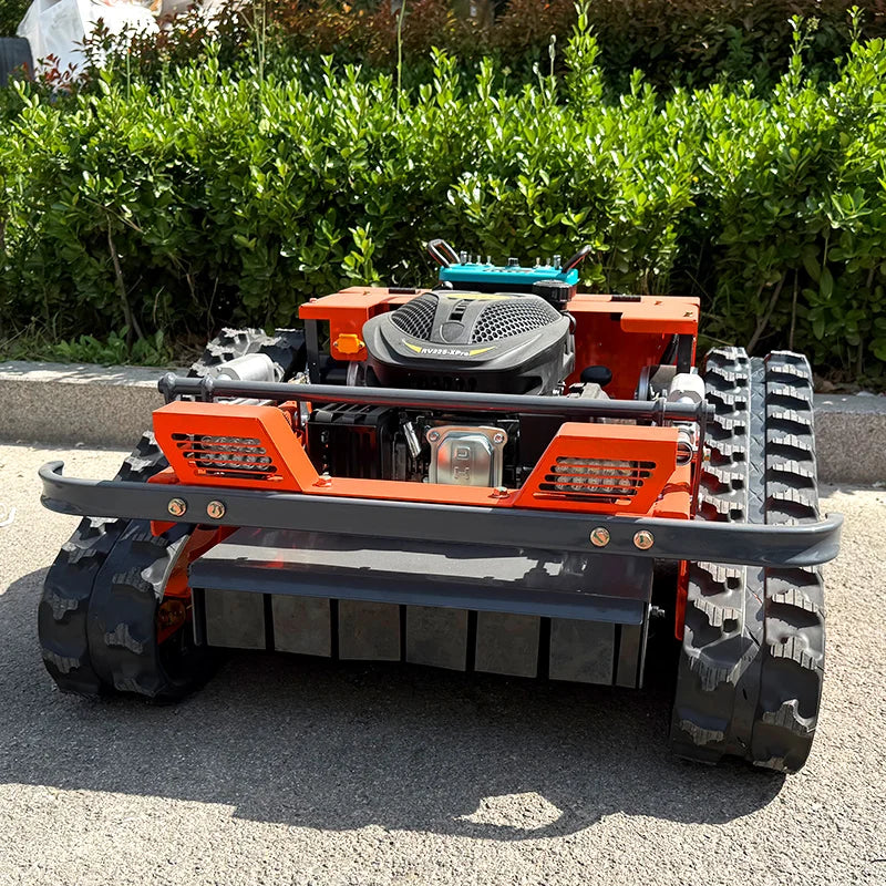 HighPeak Self-Driving Lawn Mower in orange with tracked crawler wheels, gas-powered, shown on pavement near greenery
