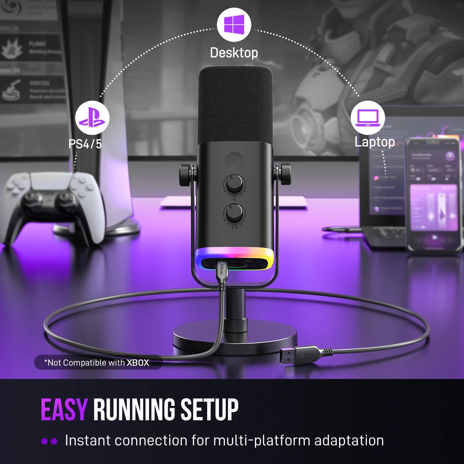 Arcwave Mic with RGB lighting on desk, USB connection, compatible with PS4/5, desktop, and laptop by HighPeak